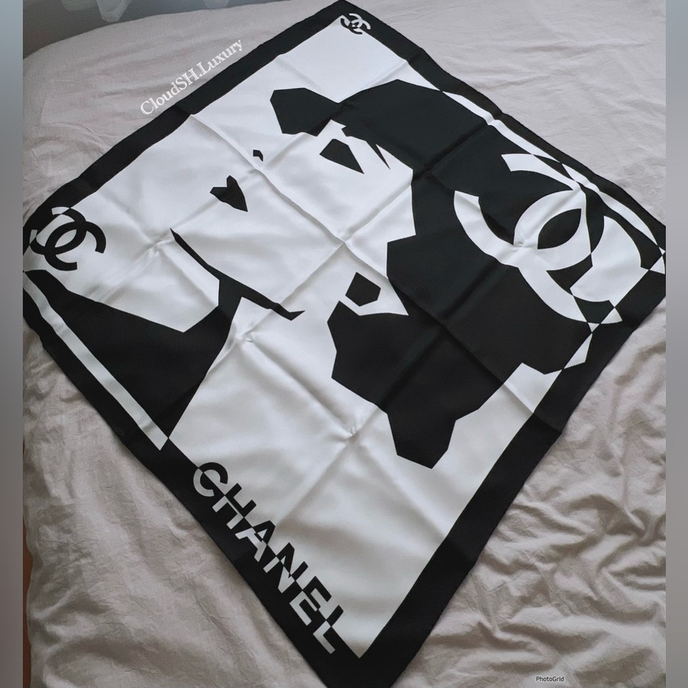 Auth Chanel Black White Madam Silk CC logo Square Scarf - Unused